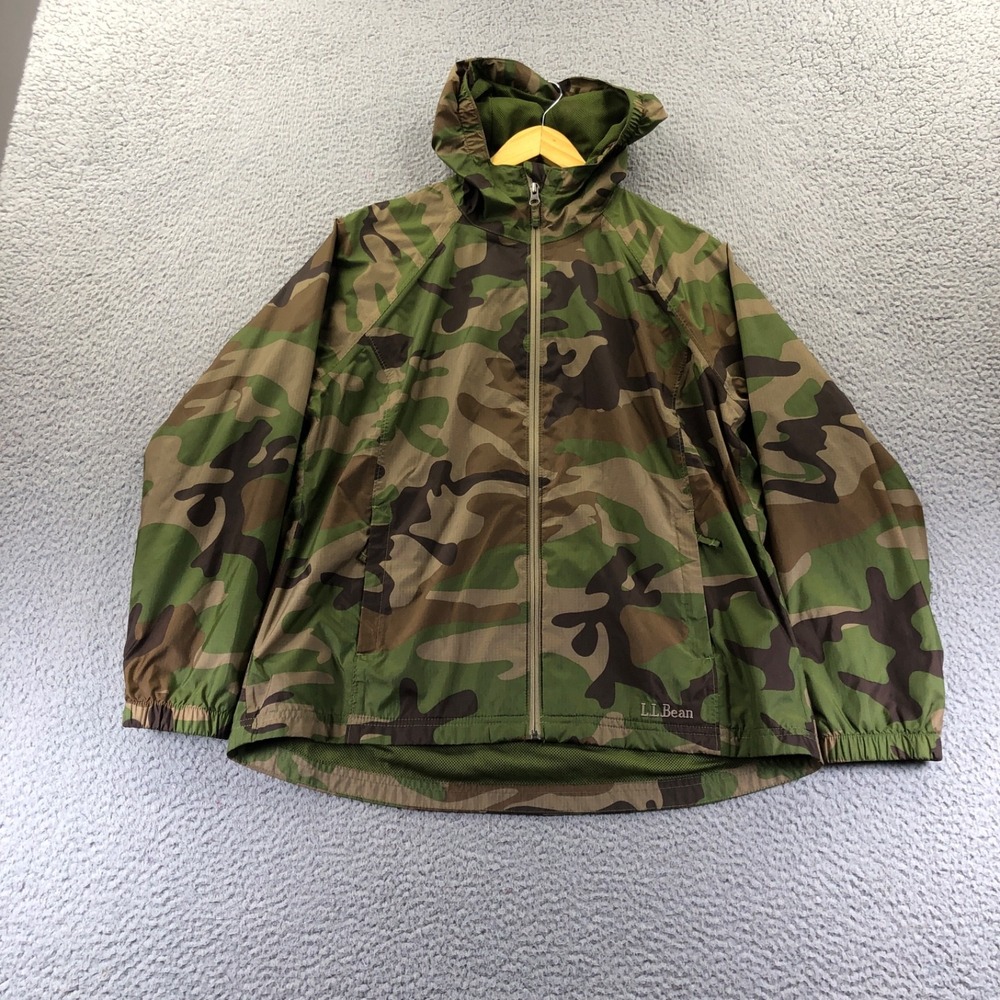 LL Bean Jacket Womens Medium Petite Green Camo Lightweight Ripstop Windbreaker